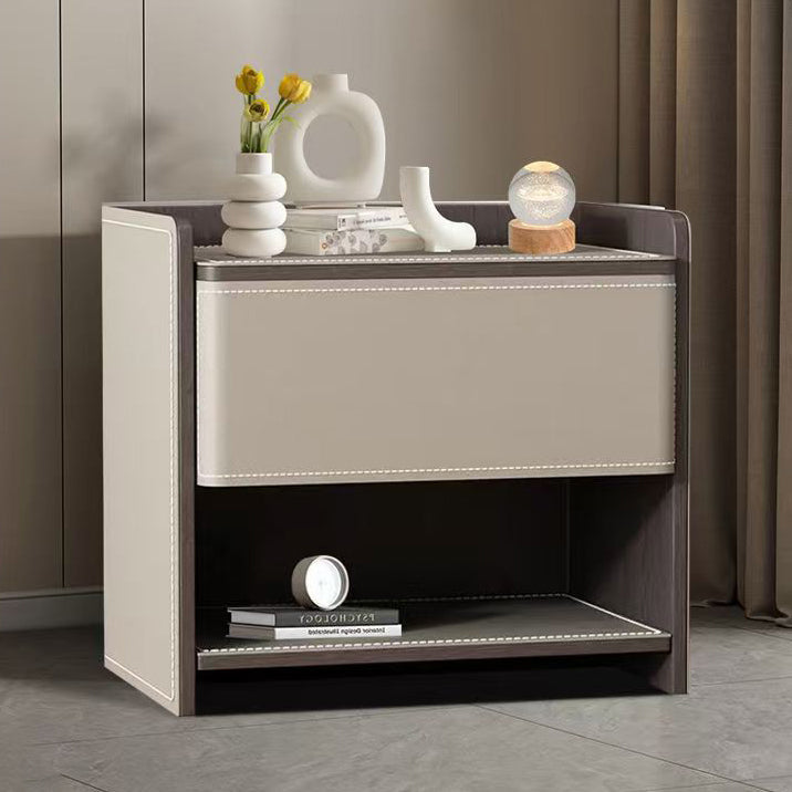 Contemporary Scandinavian Saddle Leather Sintered Stone Solid Wood Rounded Square Nightstand With 2 Tiers For Bedroom