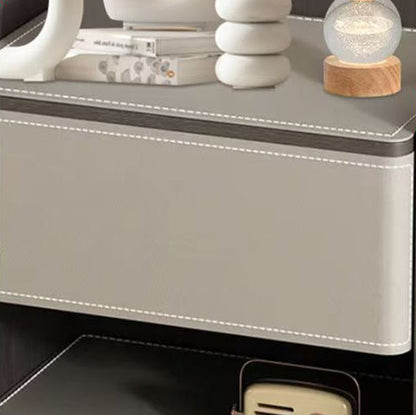 Contemporary Scandinavian Saddle Leather Sintered Stone Solid Wood Rounded Square Nightstand With 2 Tiers For Bedroom