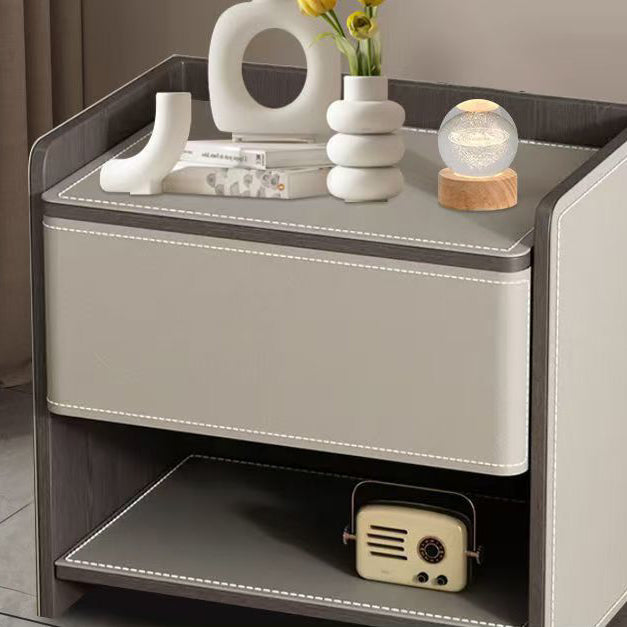 Contemporary Scandinavian Saddle Leather Sintered Stone Solid Wood Rounded Square Nightstand With 2 Tiers For Bedroom