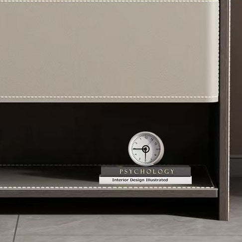 Contemporary Scandinavian Saddle Leather Sintered Stone Solid Wood Rounded Square Nightstand With 2 Tiers For Bedroom