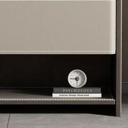 Contemporary Scandinavian Saddle Leather Sintered Stone Solid Wood Rounded Square Nightstand With 2 Tiers For Bedroom