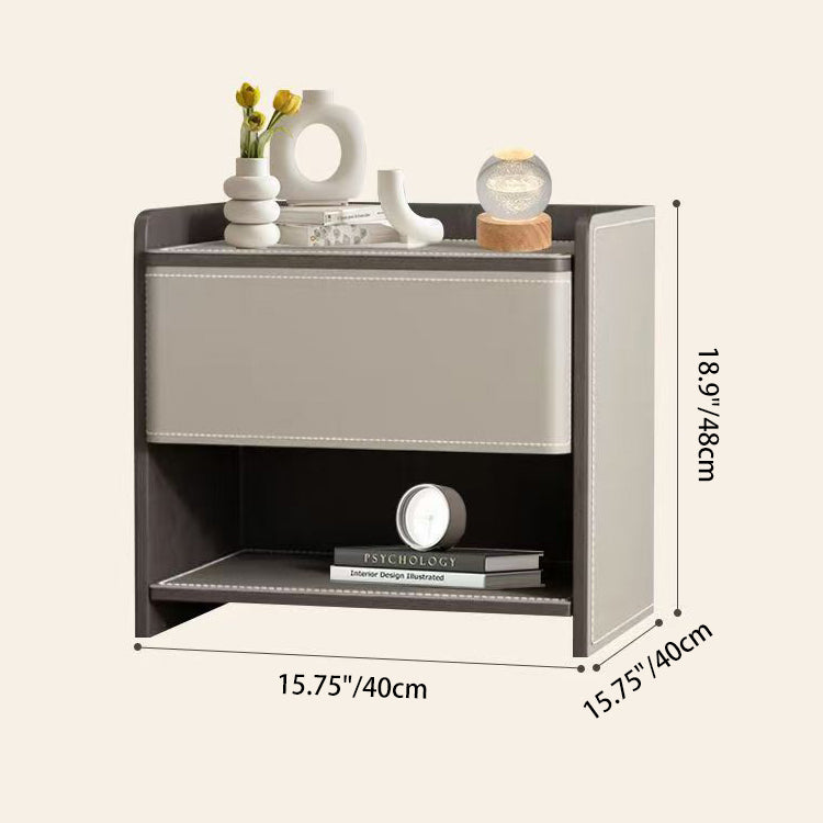 Contemporary Scandinavian Saddle Leather Sintered Stone Solid Wood Rounded Square Nightstand With 2 Tiers For Bedroom