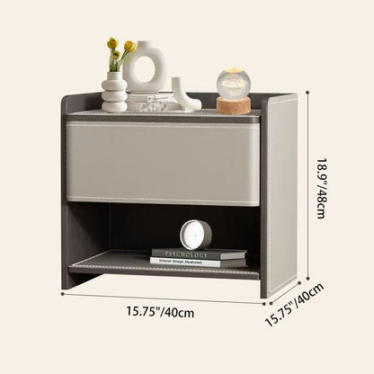 Contemporary Scandinavian Saddle Leather Sintered Stone Solid Wood Rounded Square Nightstand With 2 Tiers For Bedroom
