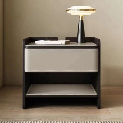 Contemporary Scandinavian Saddle Leather Sintered Stone Solid Wood Rounded Square Nightstand With 2 Tiers For Bedroom