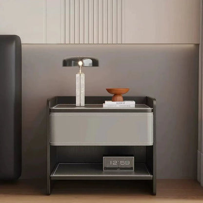 Contemporary Scandinavian Saddle Leather Sintered Stone Solid Wood Rounded Square Nightstand With 2 Tiers For Bedroom