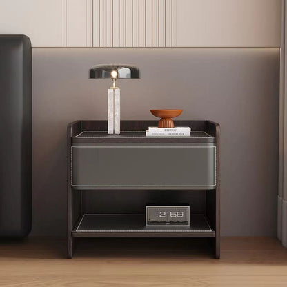 Contemporary Scandinavian Saddle Leather Sintered Stone Solid Wood Rounded Square Nightstand With 2 Tiers For Bedroom