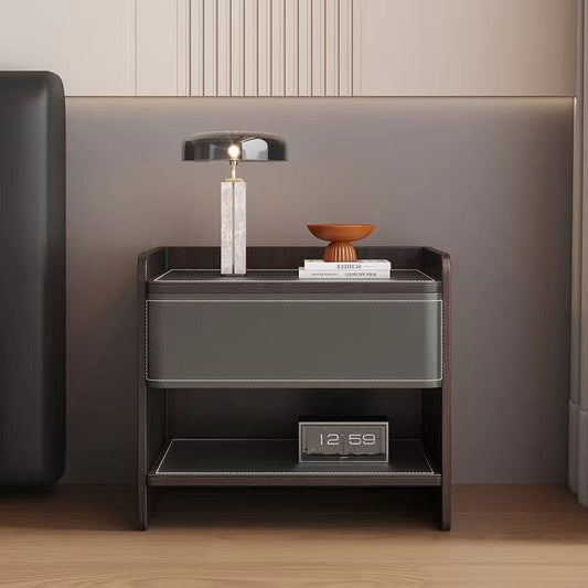 Contemporary Scandinavian Saddle Leather Sintered Stone Solid Wood Rounded Square Nightstand With 2 Tiers For Bedroom