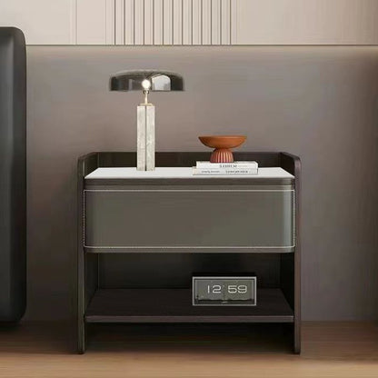Contemporary Scandinavian Saddle Leather Sintered Stone Solid Wood Rounded Square Nightstand With 2 Tiers For Bedroom