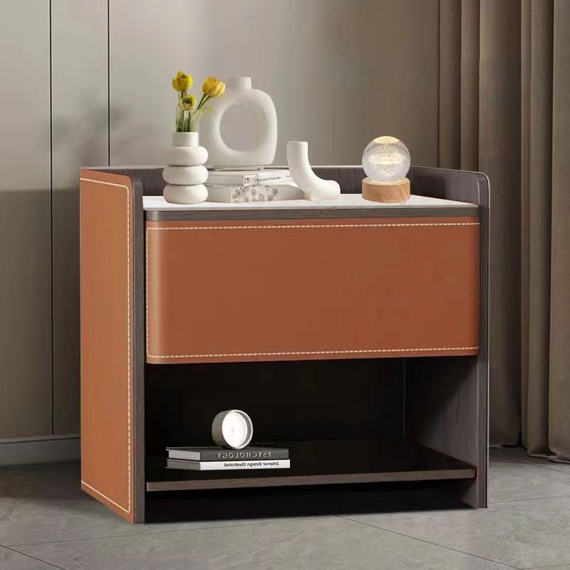 Contemporary Scandinavian Saddle Leather Sintered Stone Solid Wood Rounded Square Nightstand With 2 Tiers For Bedroom
