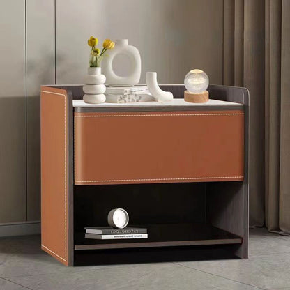 Contemporary Scandinavian Saddle Leather Sintered Stone Solid Wood Rounded Square Nightstand With 2 Tiers For Bedroom