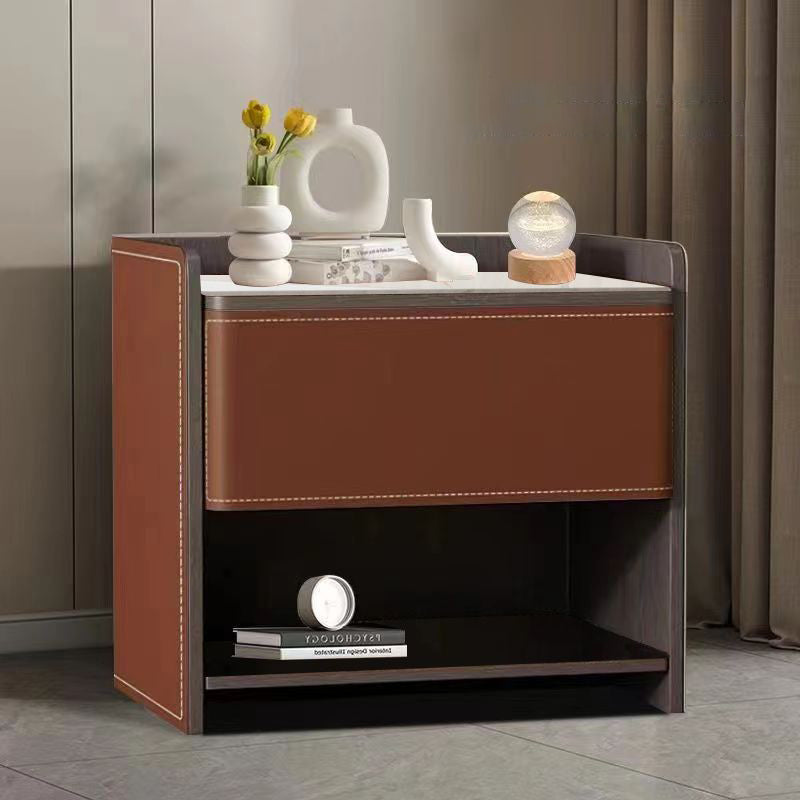 Contemporary Scandinavian Saddle Leather Sintered Stone Solid Wood Rounded Square Nightstand With 2 Tiers For Bedroom