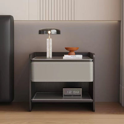 Contemporary Scandinavian Saddle Leather Sintered Stone Solid Wood Rounded Square Nightstand With 2 Tiers For Bedroom