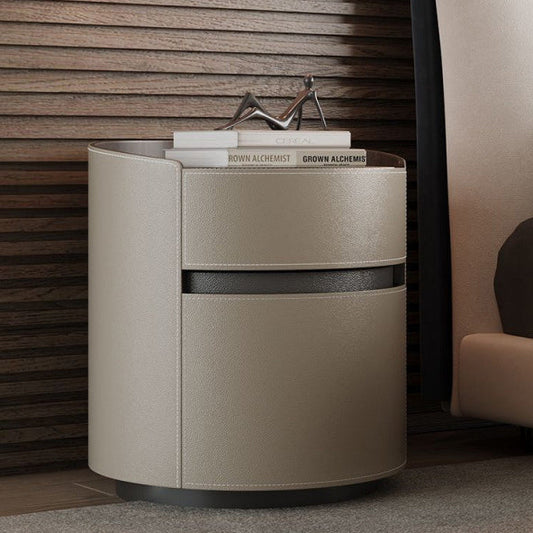 Traditional Vintage Saddle Leather Solid Wood Round Cylinder Nightstand With 2 Drawers For Bedroom