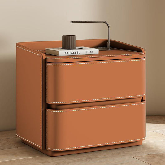Contemporary Creative Saddle Leather Pine Wood Rounded Square Nightstand With 2 Drawers For Bedroom