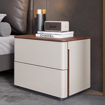 Modern Luxury Saddle Leather Solid Wood Rounded Square Nightstand With 2 Drawers For Bedroom