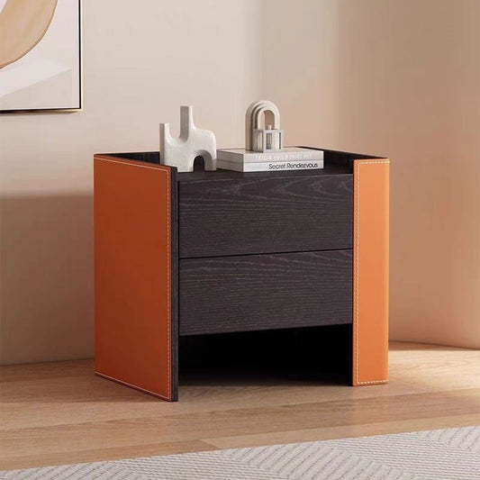 Contemporary Creative Solid Wood Saddle Leather Square Rounded Nightstand With 2 Drawers For Bedroom