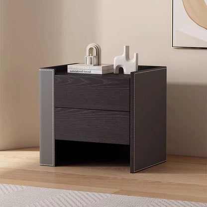 Contemporary Creative Solid Wood Saddle Leather Square Rounded Nightstand With 2 Drawers For Bedroom