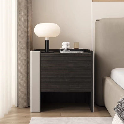 Contemporary Creative Solid Wood Saddle Leather Square Rounded Nightstand With 2 Drawers For Bedroom