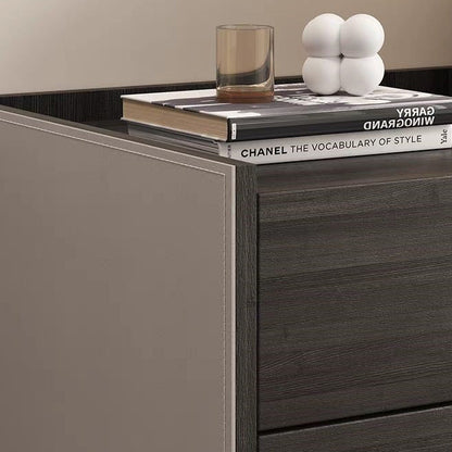 Contemporary Creative Solid Wood Saddle Leather Square Rounded Nightstand With 2 Drawers For Bedroom