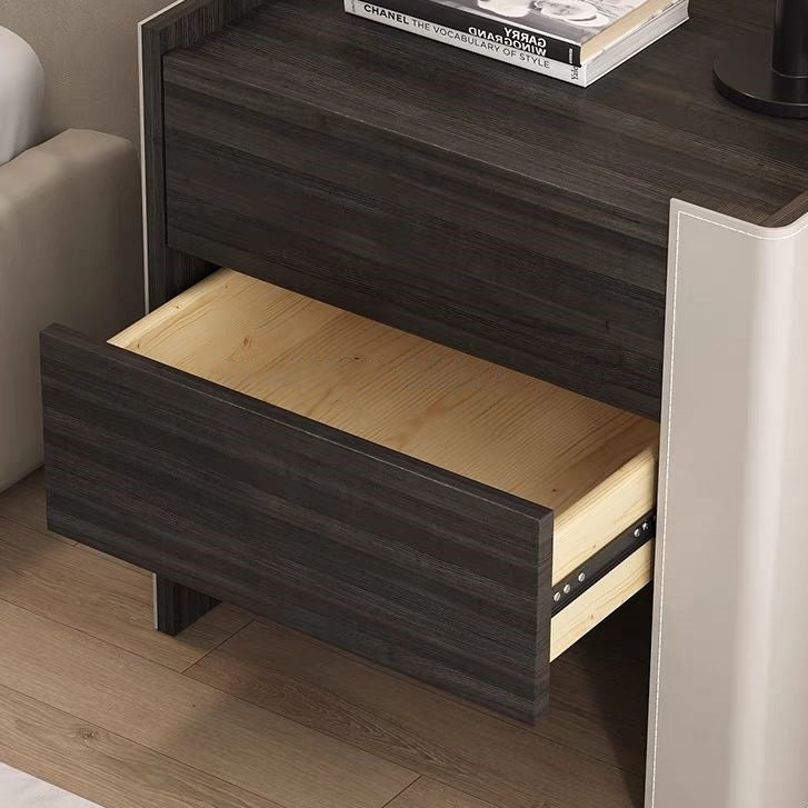 Contemporary Creative Solid Wood Saddle Leather Square Rounded Nightstand With 2 Drawers For Bedroom