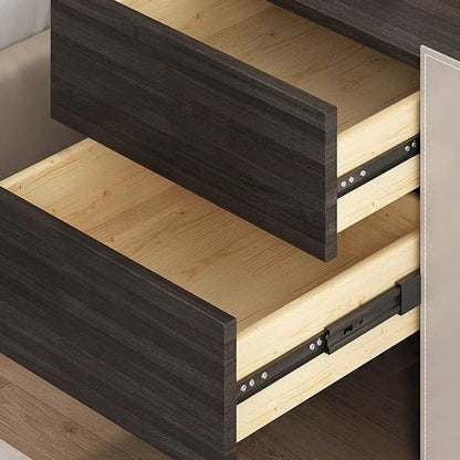 Contemporary Creative Solid Wood Saddle Leather Square Rounded Nightstand With 2 Drawers For Bedroom