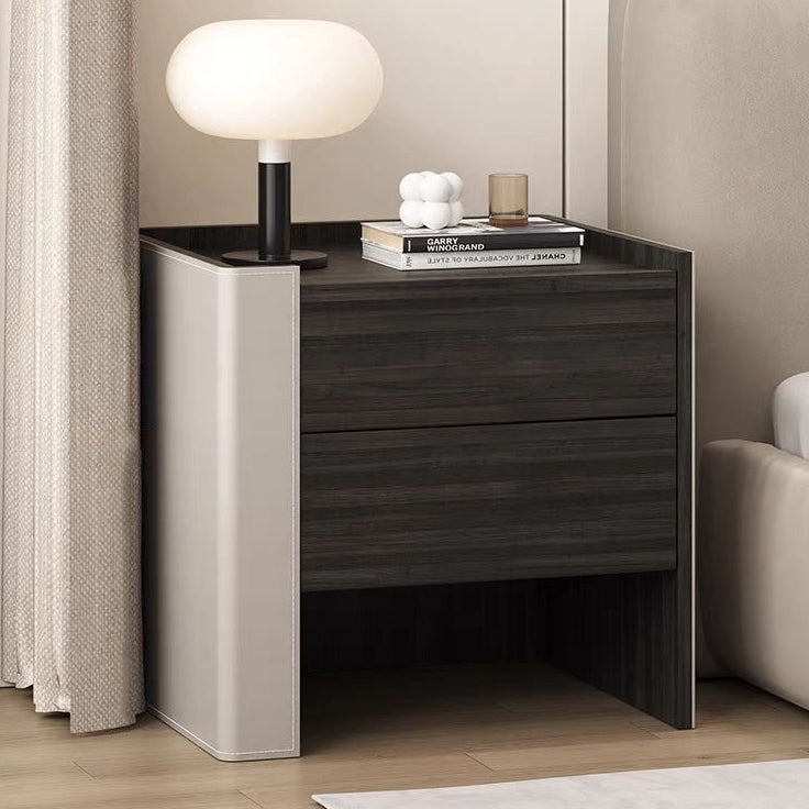 Contemporary Creative Solid Wood Saddle Leather Square Rounded Nightstand With 2 Drawers For Bedroom