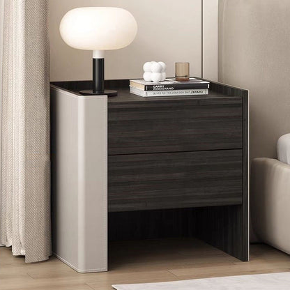 Contemporary Creative Solid Wood Saddle Leather Square Rounded Nightstand With 2 Drawers For Bedroom