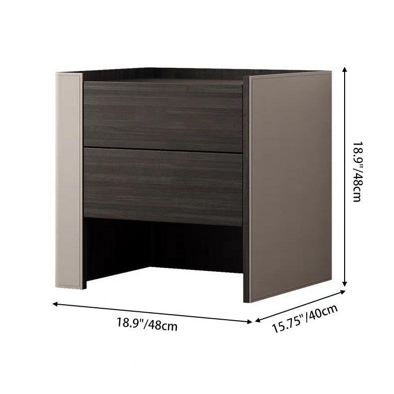 Contemporary Creative Solid Wood Saddle Leather Square Rounded Nightstand With 2 Drawers For Bedroom