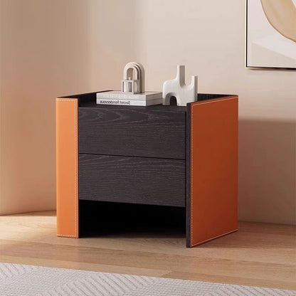 Contemporary Creative Solid Wood Saddle Leather Square Rounded Nightstand With 2 Drawers For Bedroom