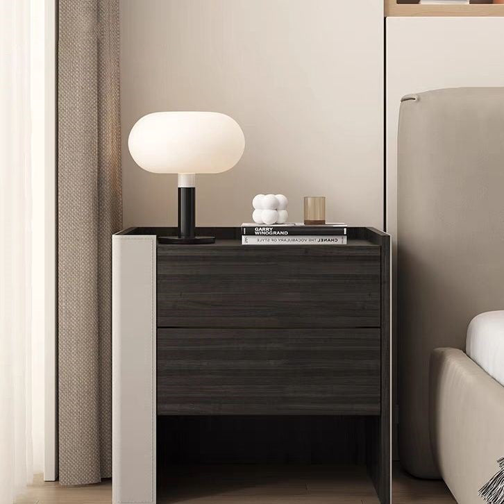 Contemporary Creative Solid Wood Saddle Leather Square Rounded Nightstand With 2 Drawers For Bedroom
