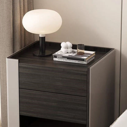 Contemporary Creative Solid Wood Saddle Leather Square Rounded Nightstand With 2 Drawers For Bedroom