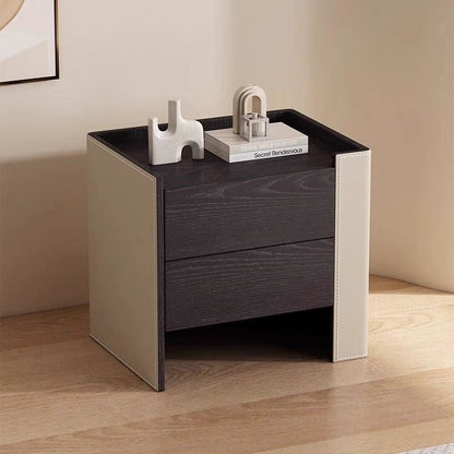 Contemporary Creative Solid Wood Saddle Leather Square Rounded Nightstand With 2 Drawers For Bedroom