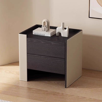 Contemporary Creative Solid Wood Saddle Leather Square Rounded Nightstand With 2 Drawers For Bedroom
