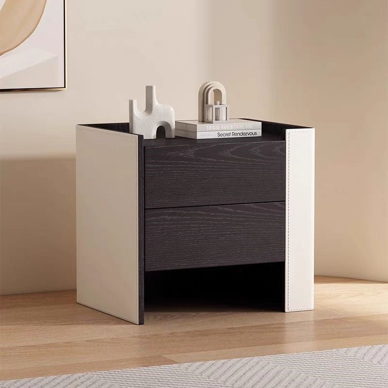 Contemporary Creative Solid Wood Saddle Leather Square Rounded Nightstand With 2 Drawers For Bedroom