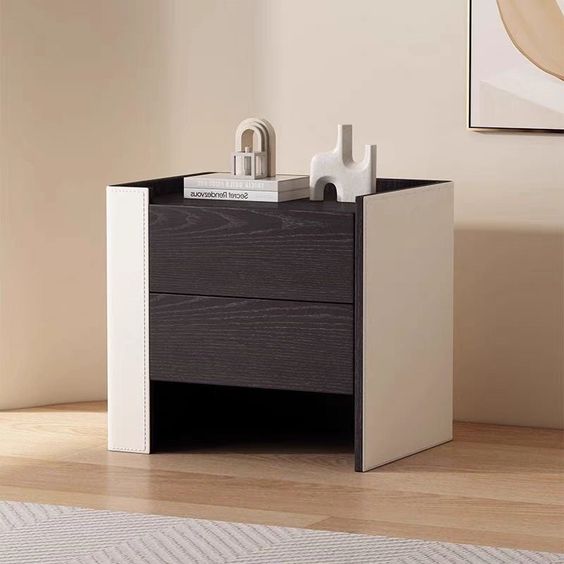 Contemporary Creative Solid Wood Saddle Leather Square Rounded Nightstand With 2 Drawers For Bedroom