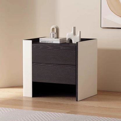 Contemporary Creative Solid Wood Saddle Leather Square Rounded Nightstand With 2 Drawers For Bedroom