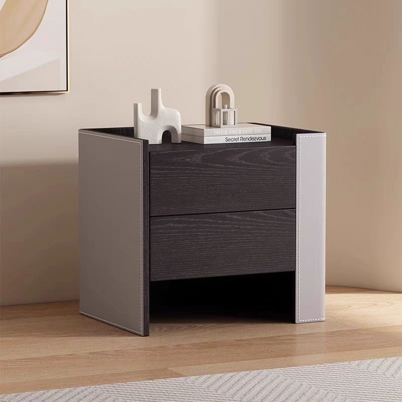 Contemporary Creative Solid Wood Saddle Leather Square Rounded Nightstand With 2 Drawers For Bedroom