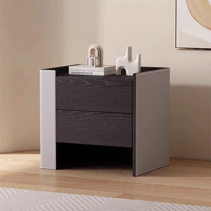 Contemporary Creative Solid Wood Saddle Leather Square Rounded Nightstand With 2 Drawers For Bedroom