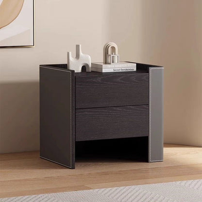 Contemporary Creative Solid Wood Saddle Leather Square Rounded Nightstand With 2 Drawers For Bedroom