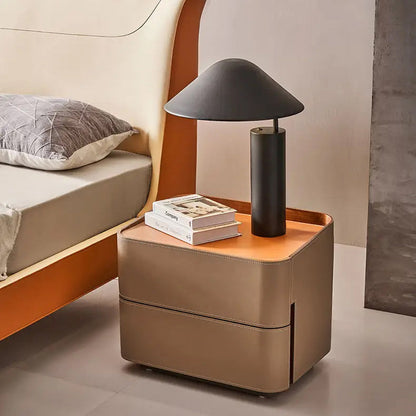Modern Luxury Saddle Leather Solid Wood Rounded Square Nightstand With 2 Drawers For Bedroom