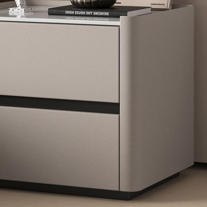 Modern Luxury Sintered Stone Solid Wood Cat-Scratch Leather Rounded Square Nightstand With 2 Drawers For Bedroom