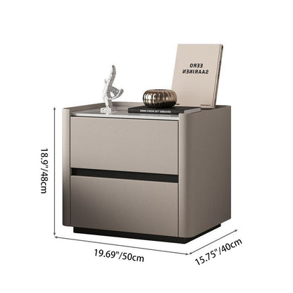Modern Luxury Sintered Stone Solid Wood Cat-Scratch Leather Rounded Square Nightstand With 2 Drawers For Bedroom
