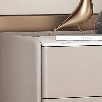 Modern Luxury Sintered Stone Solid Wood Cat-Scratch Leather Rounded Square Nightstand With 2 Drawers For Bedroom