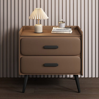 Contemporary Scandinavian Nappa Leather Metal Pine Rounded Rectangle Nightstand With 2 Drawers For Bedroom