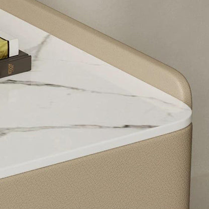 Contemporary Scandinavian Sintered Stone Cat-Scratch Leather Solid Wood Stainless Steel Rounded Square Cylinder Nightstand With 2 Drawers For Bedroom