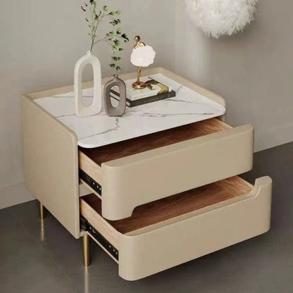 Contemporary Scandinavian Sintered Stone Cat-Scratch Leather Solid Wood Stainless Steel Rounded Square Cylinder Nightstand With 2 Drawers For Bedroom