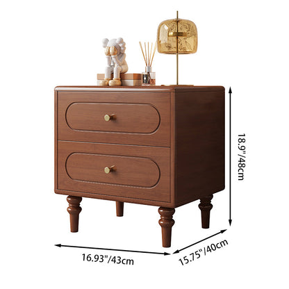 Traditional Chinese Solid Wood Metal Rounded Square Cylinder Nightstand With 2 Drawers For Bedroom