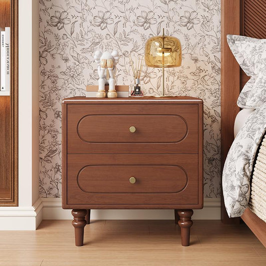 Traditional Chinese Solid Wood Metal Rounded Square Cylinder Nightstand With 2 Drawers For Bedroom