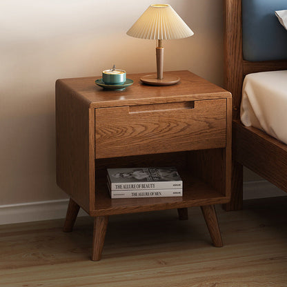 Contemporary Scandinavian Solid Wood Cylindrical Square Nightstand With 1/2 Drawers For Bedroom
