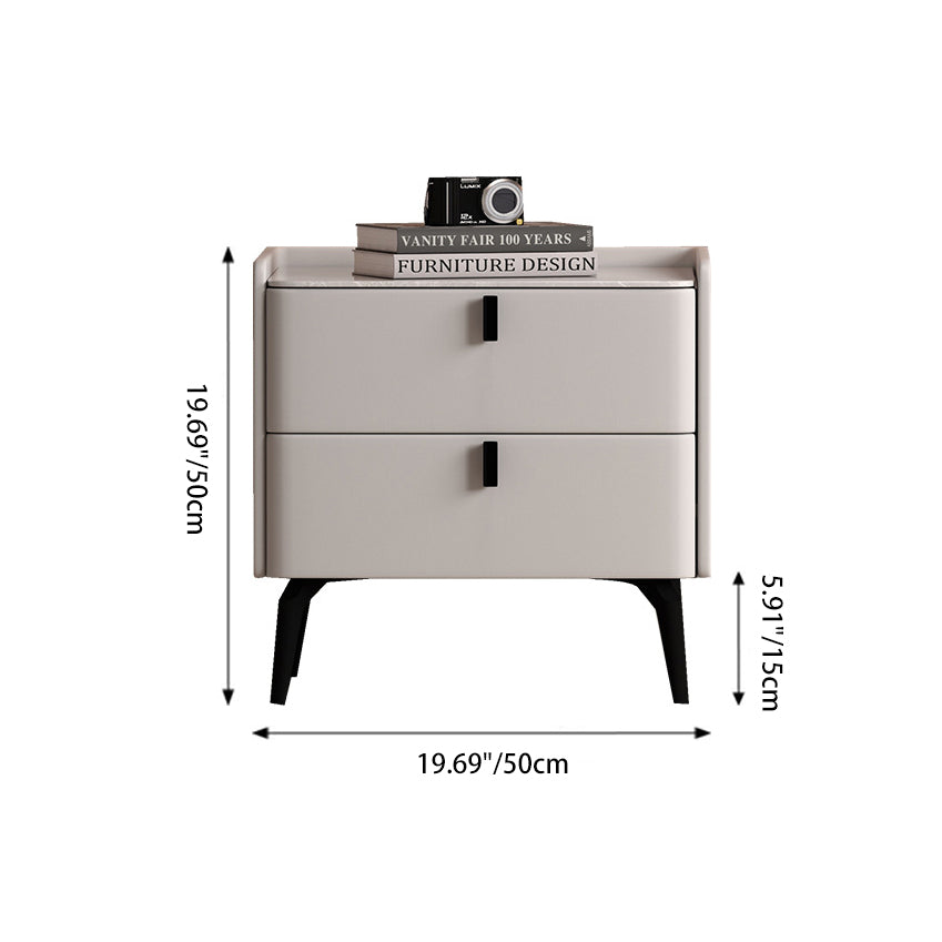 Contemporary Scandinavian Sintered Stone Microfiber Leather Solid Wood Carbon Steel Scythe-Leg Rounded Square Nightstand With 2 Drawers For Bedroom